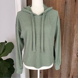 Glyder Women's Valley Logo Hoodie Sage Green Cropped Ribbed Chunky Tie Loose S .